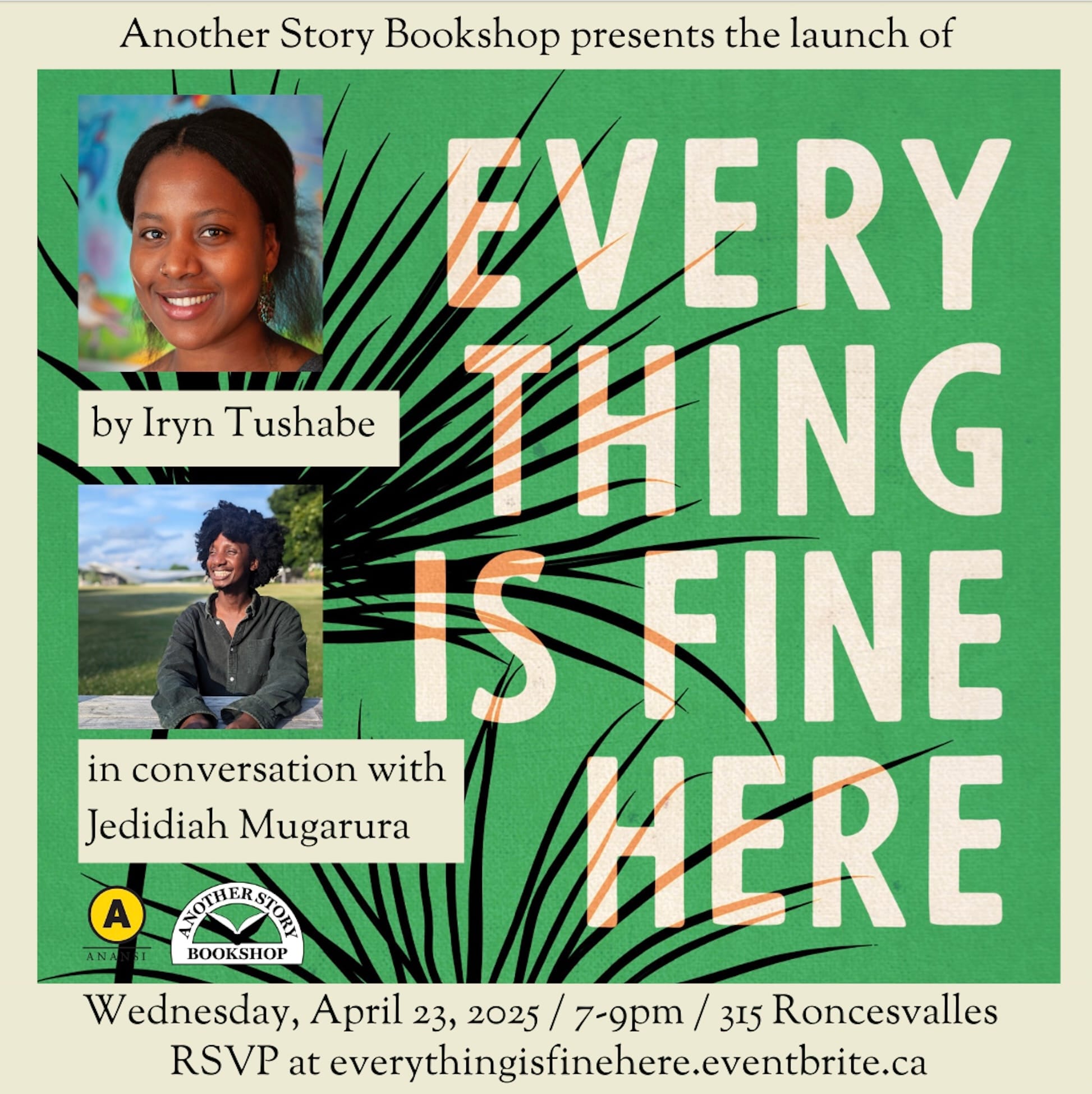 Event poster with photos of Iryn Tushabe and Jedidiah Mugarura against the green background cover of the novel.