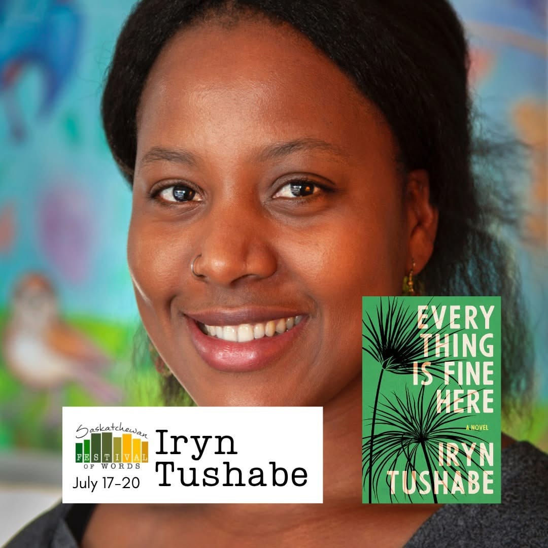 A smiling dark-skinned woman with a ring through her nose. A green book cover with the title Everything is Fine Here by Iryn Tushabe 