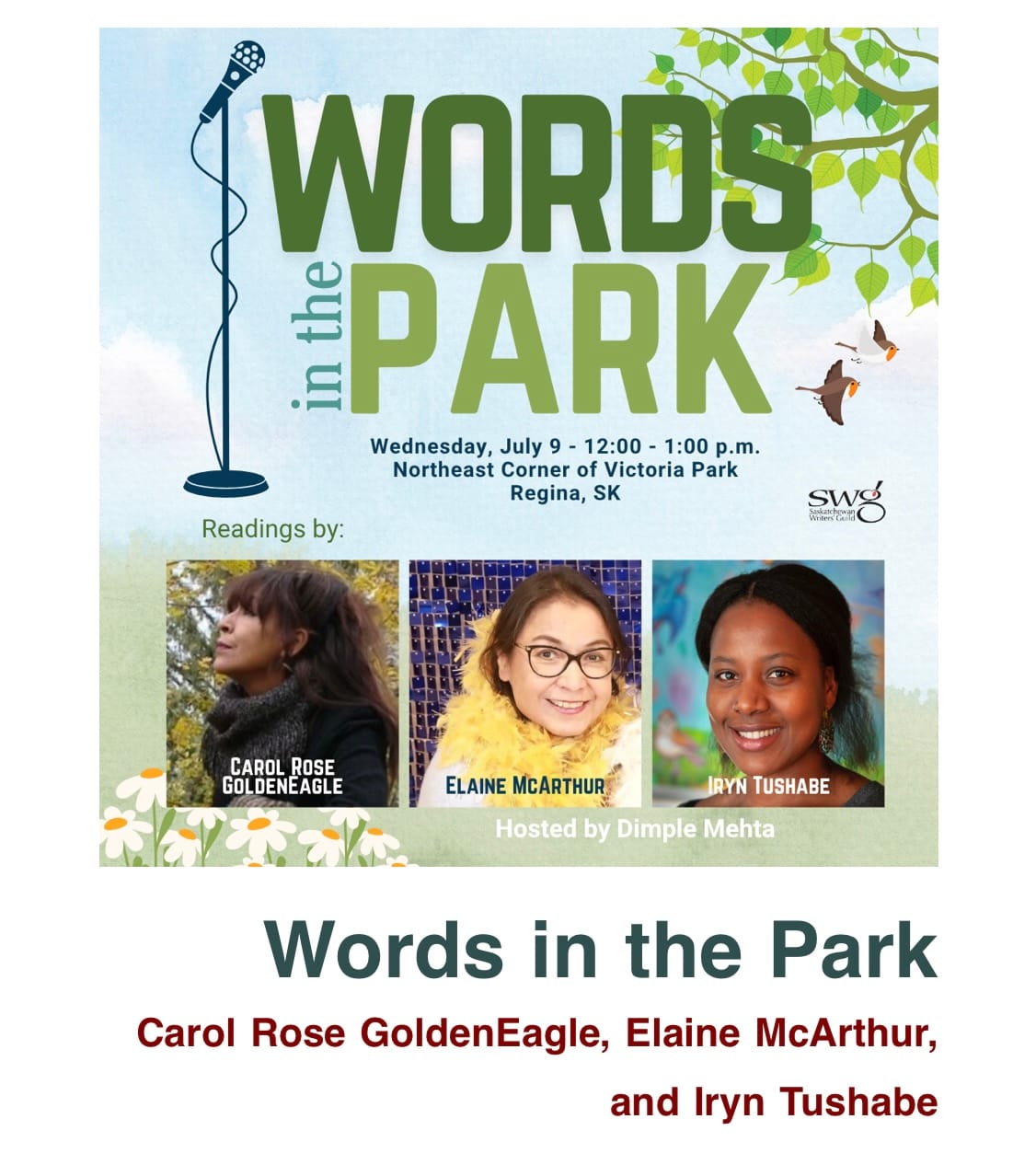 A graphic with a microphone and Words in the Park. Photos of three women and a tree branch
